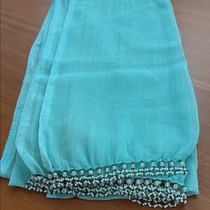 Turquoise Beaded chiffon Scarf. Edges have Nice beads and pearl work. NEW.
